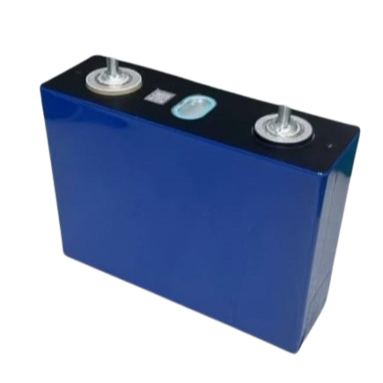 Blue battery with metallic connectors on a white background